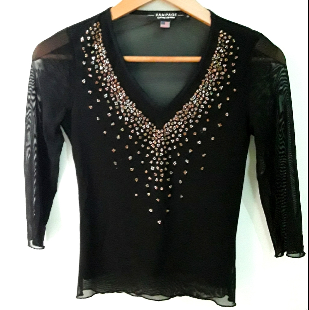 Black and Gold Blouse, v neck, see-rhrough back, 3/4 sleeve